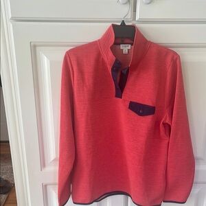 J Crew Coral Zip Up Sweater with Dark Blue Trim